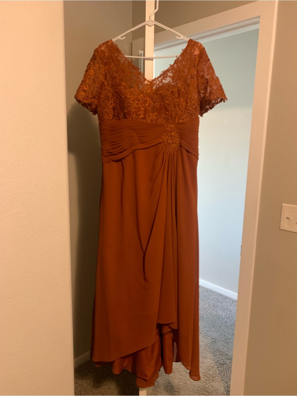 Rust Lace Bodice Short-Sleeve Evening Dress